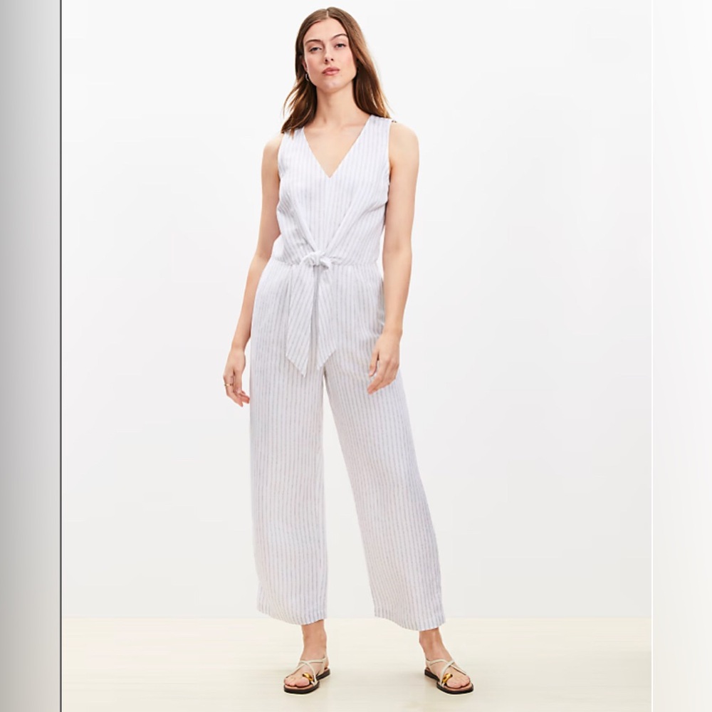 NWOT LOFT Striped Tie Front Linen Blend Jumpsuit Size 2 Nautical Coastal